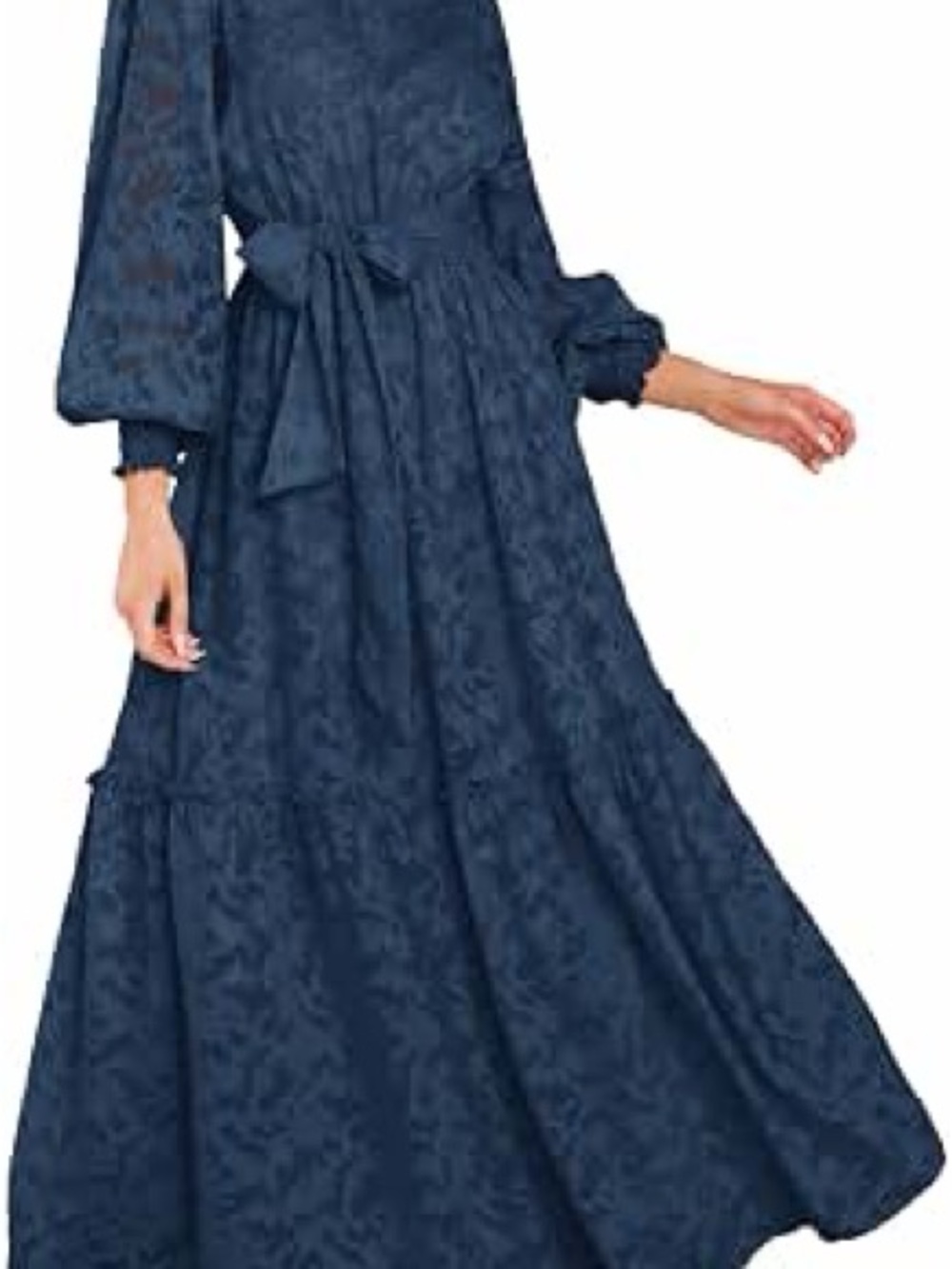 Textured Navy Long Sleeve Maxi Dress with Tie Waist